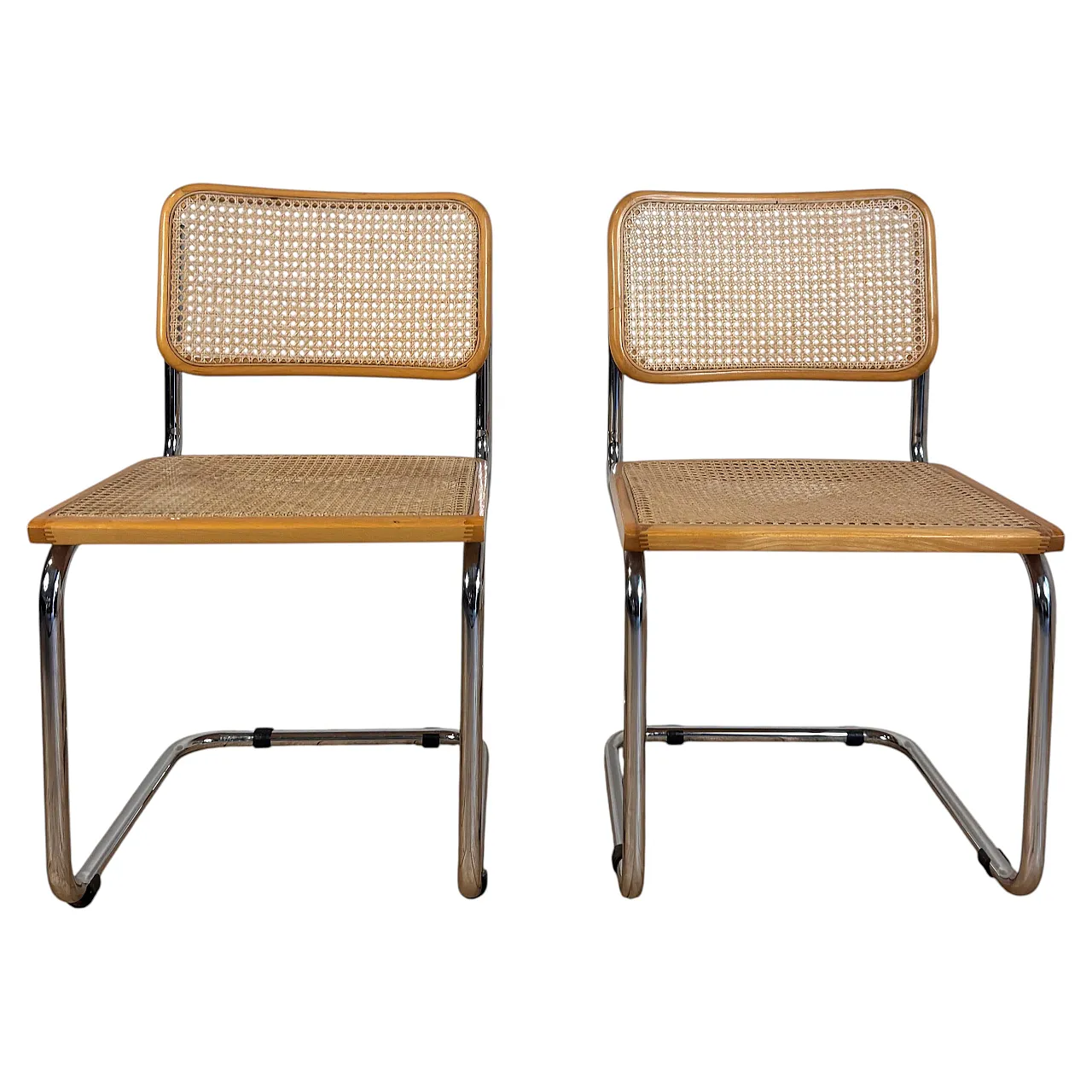 Pair of rattan and chromed tubular chairs, 1970s 1