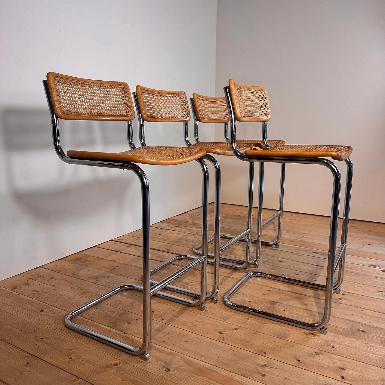 4 Rattan and chrome tubular stools, 1970s 3