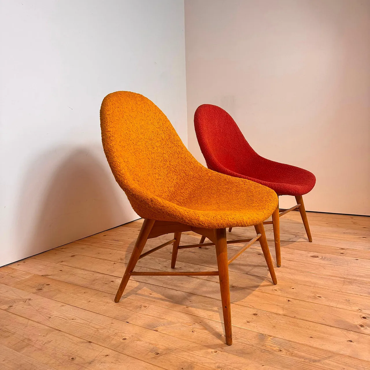 Pair of armchairs in wood and fabric, 1960s 4
