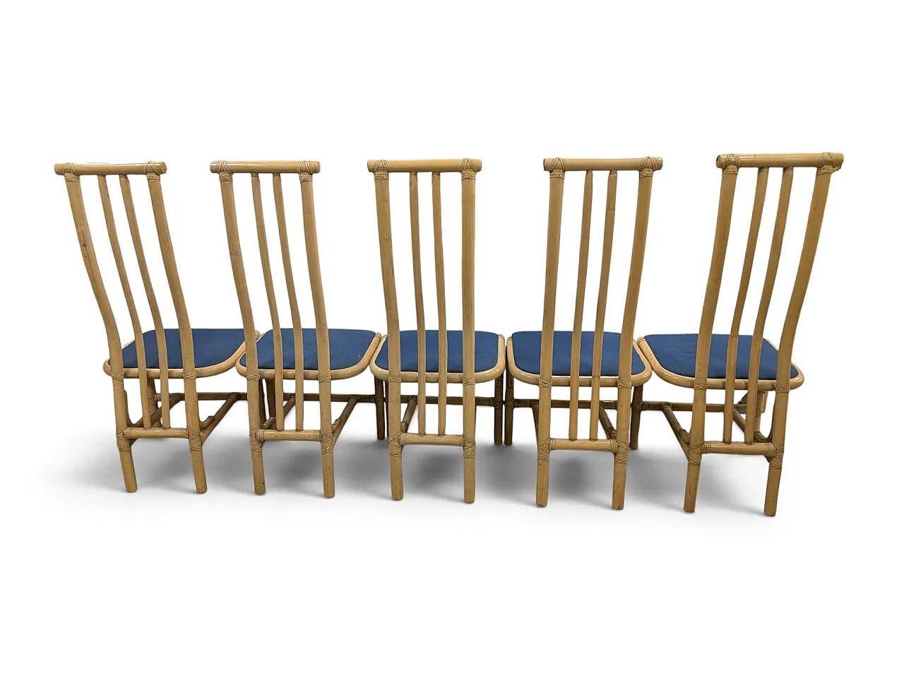 Set di 5 sedie da pranzo a schienale alto in bamboo, anni '70 3