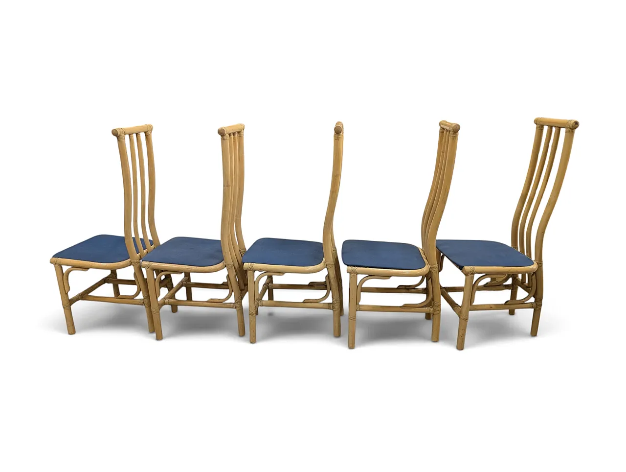 Set di 5 sedie da pranzo a schienale alto in bamboo, anni '70 4