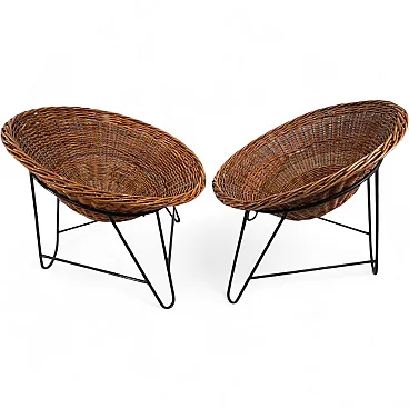 Pair of rattan lounge chairs on metal frame, 1970s