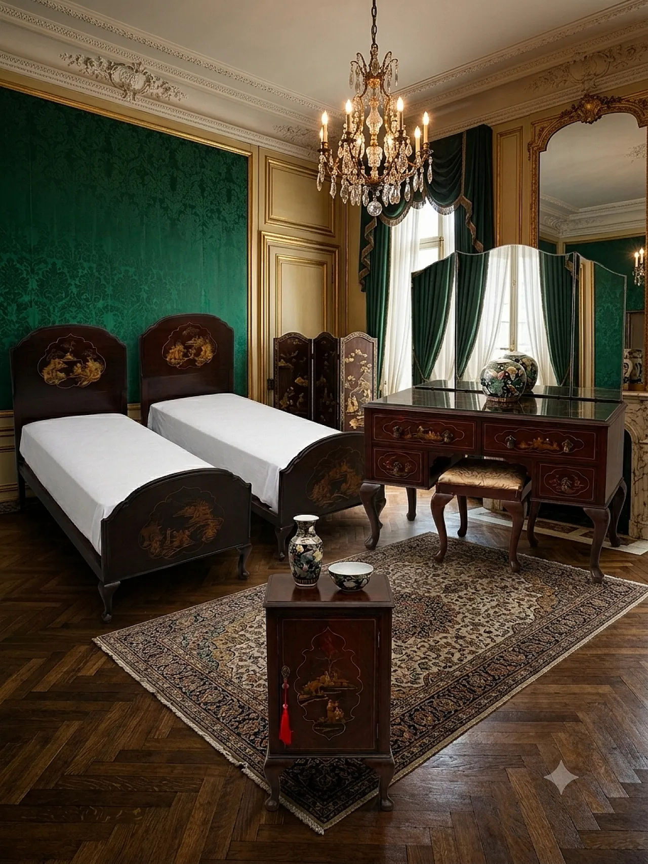 Queen Anne mahogany chinoiserie bedroom, 5 Pieces, 19th century 5