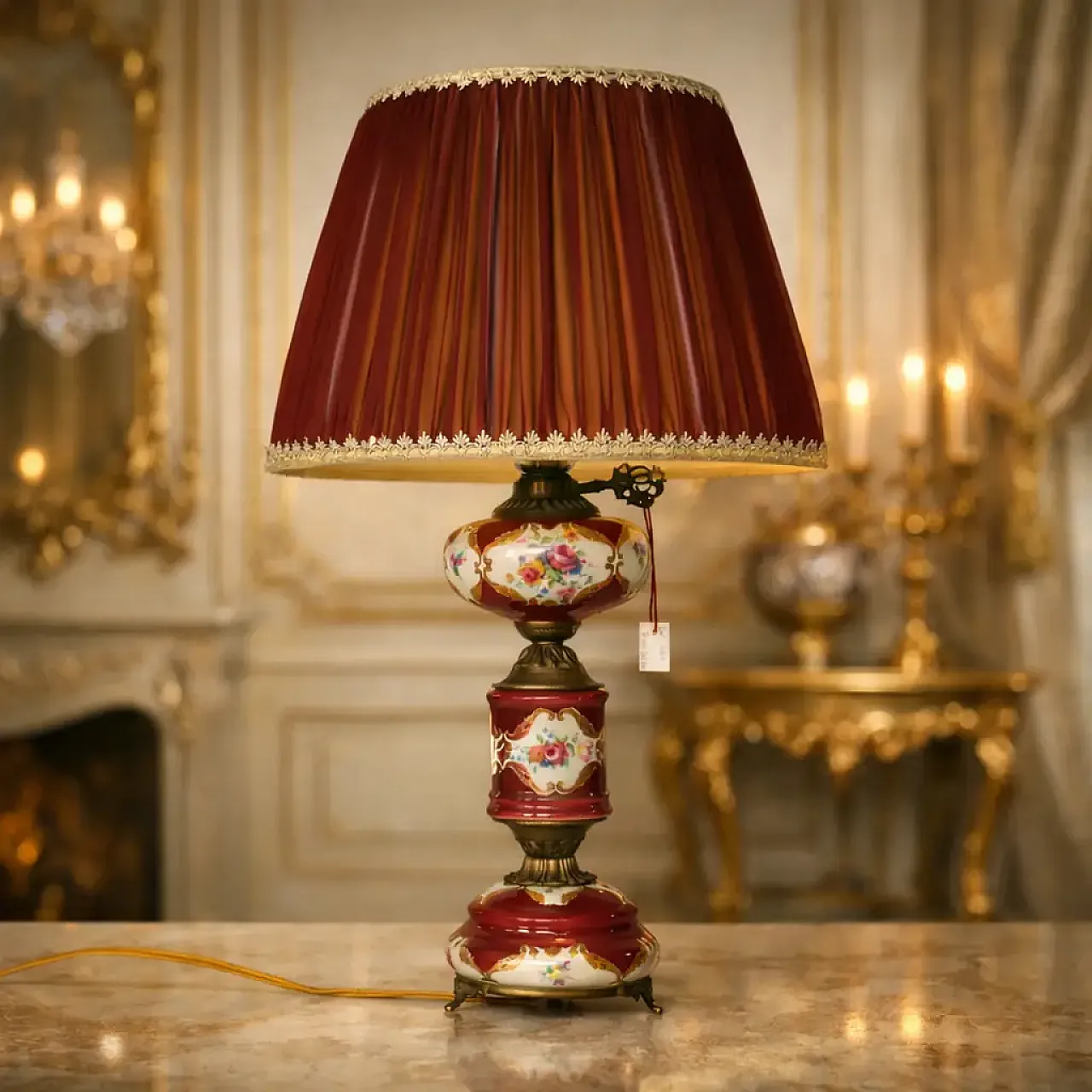 Lampada Da Tavola In Porcellana Dipinta E Bronzo Dorato, anni '50 1