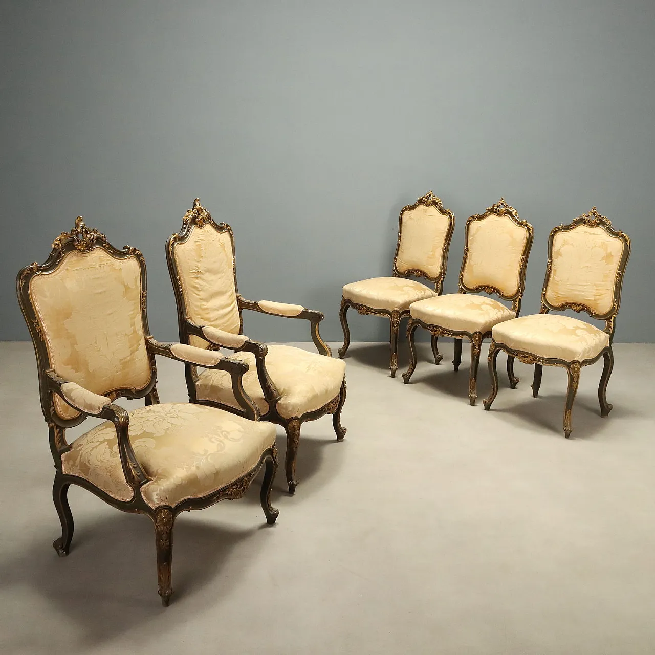 5 Baroque style chairs and armchairs, 19th century 1