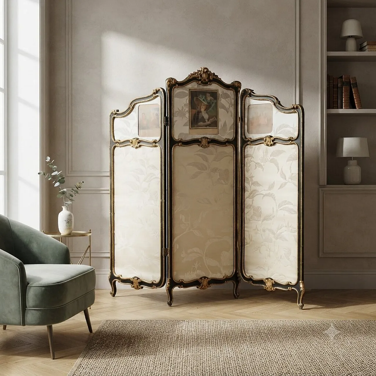 Barocchetto screen in gilded and lacquered wood, 19th century 2