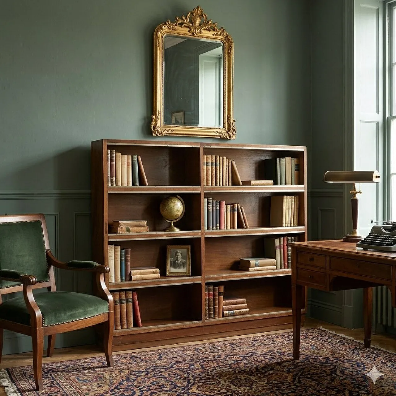 Walnut day bookcase with wire metal profiles, late 20th century 2