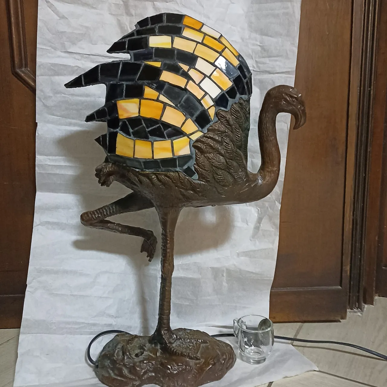Rarità lampada Tiffany  fenicottero base in bronzo patinato 39