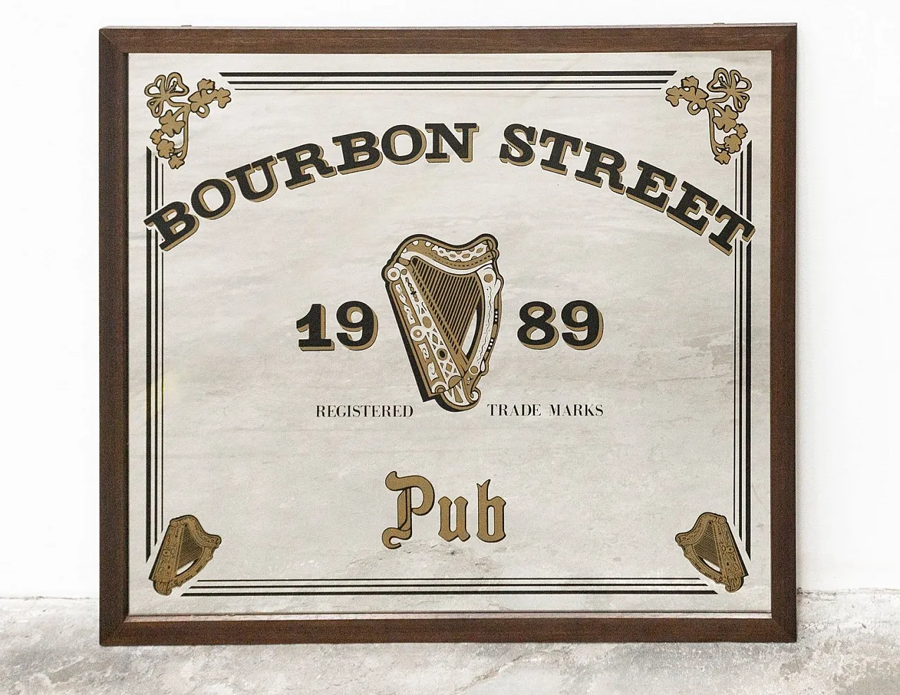 Bourbon street pub mirror in wooden frame, 1980s 1