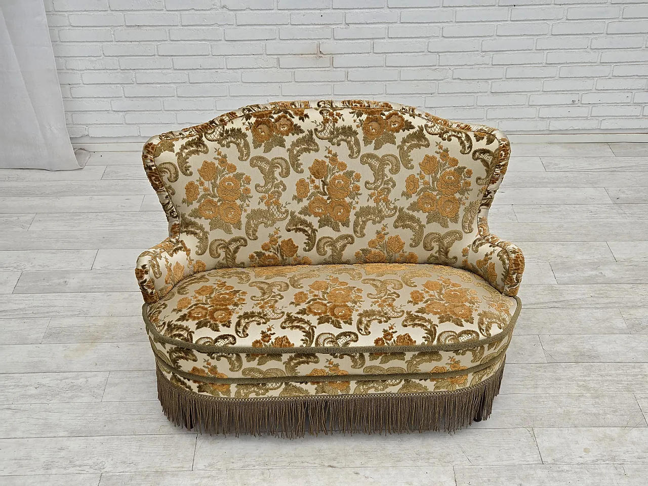 Anni '70, piccolo divano danese a 2 posti, tessuto per arredamento marrone/beige. 2