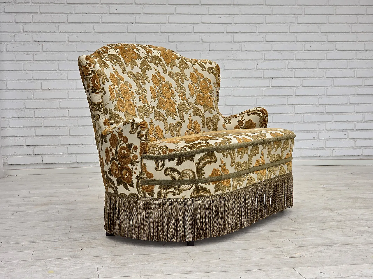 Anni '70, piccolo divano danese a 2 posti, tessuto per arredamento marrone/beige. 4