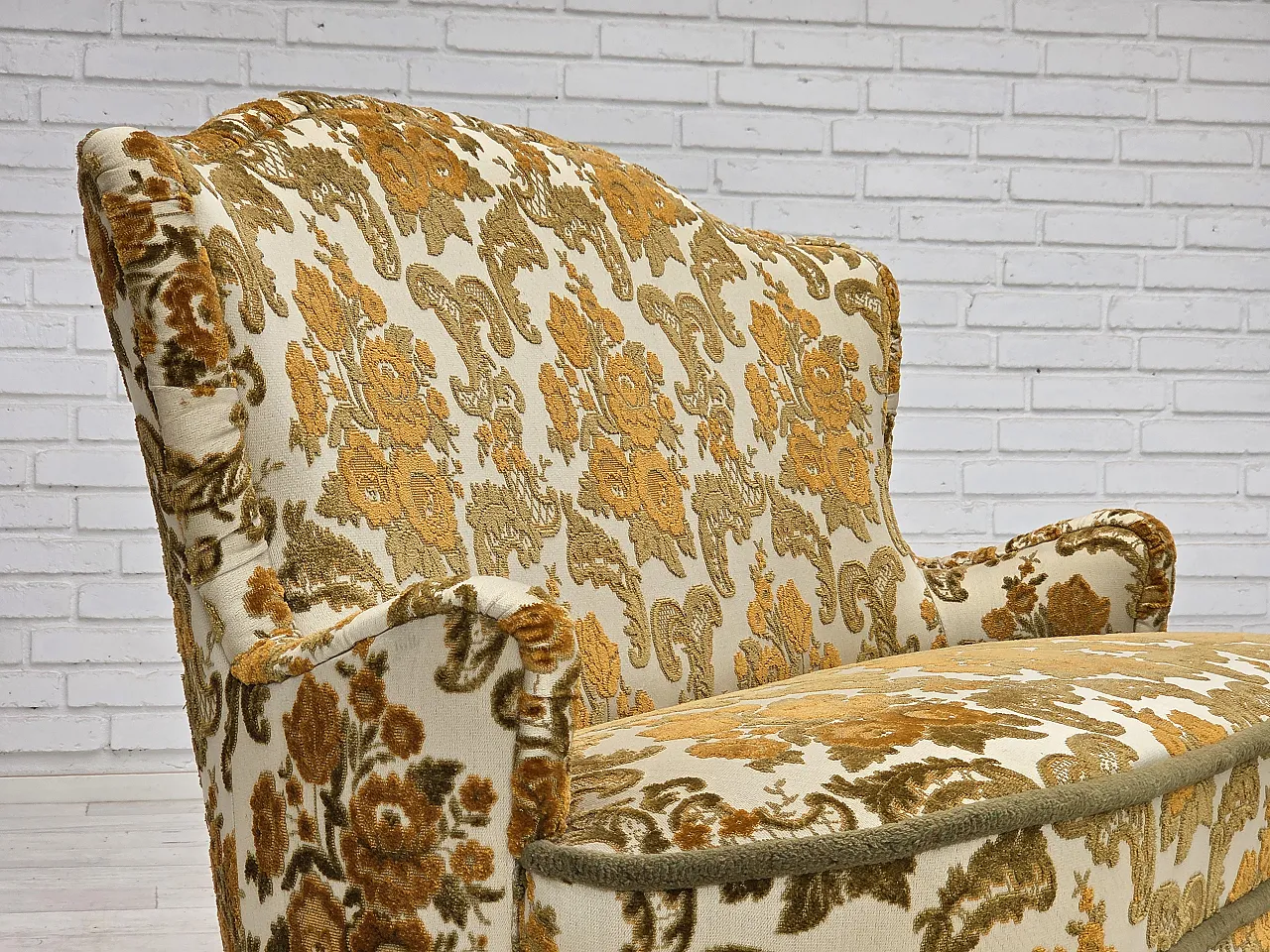 Anni '70, piccolo divano danese a 2 posti, tessuto per arredamento marrone/beige. 5