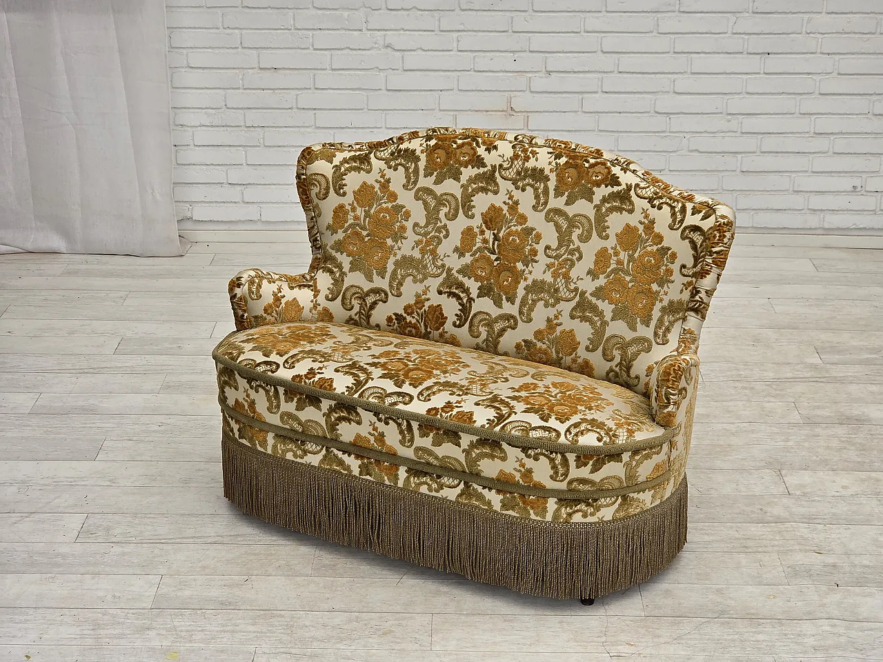 Anni '70, piccolo divano danese a 2 posti, tessuto per arredamento marrone/beige. 16