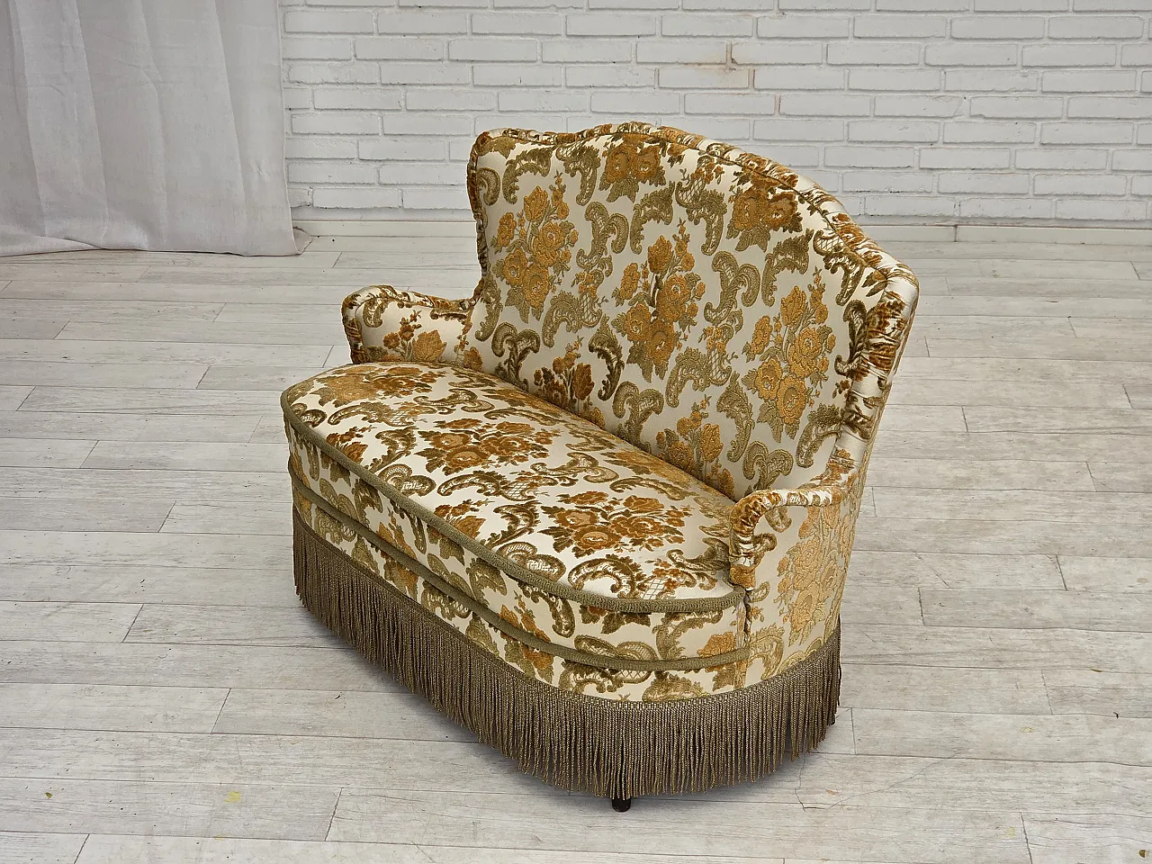 Anni '70, piccolo divano danese a 2 posti, tessuto per arredamento marrone/beige. 17