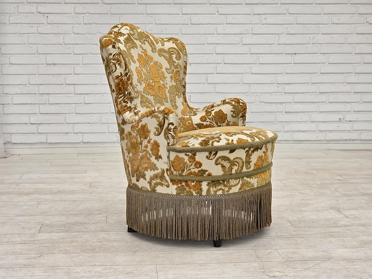 Anni '70, coppia di 2 poltroncine danesi, tessuto d'arredo marrone/beige. 4