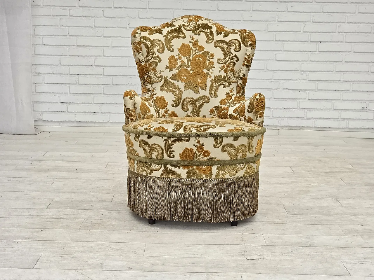 Anni '70, coppia di 2 poltroncine danesi, tessuto d'arredo marrone/beige. 9