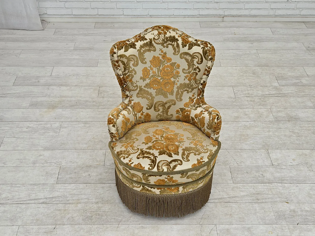 Anni '70, coppia di 2 poltroncine danesi, tessuto d'arredo marrone/beige. 10