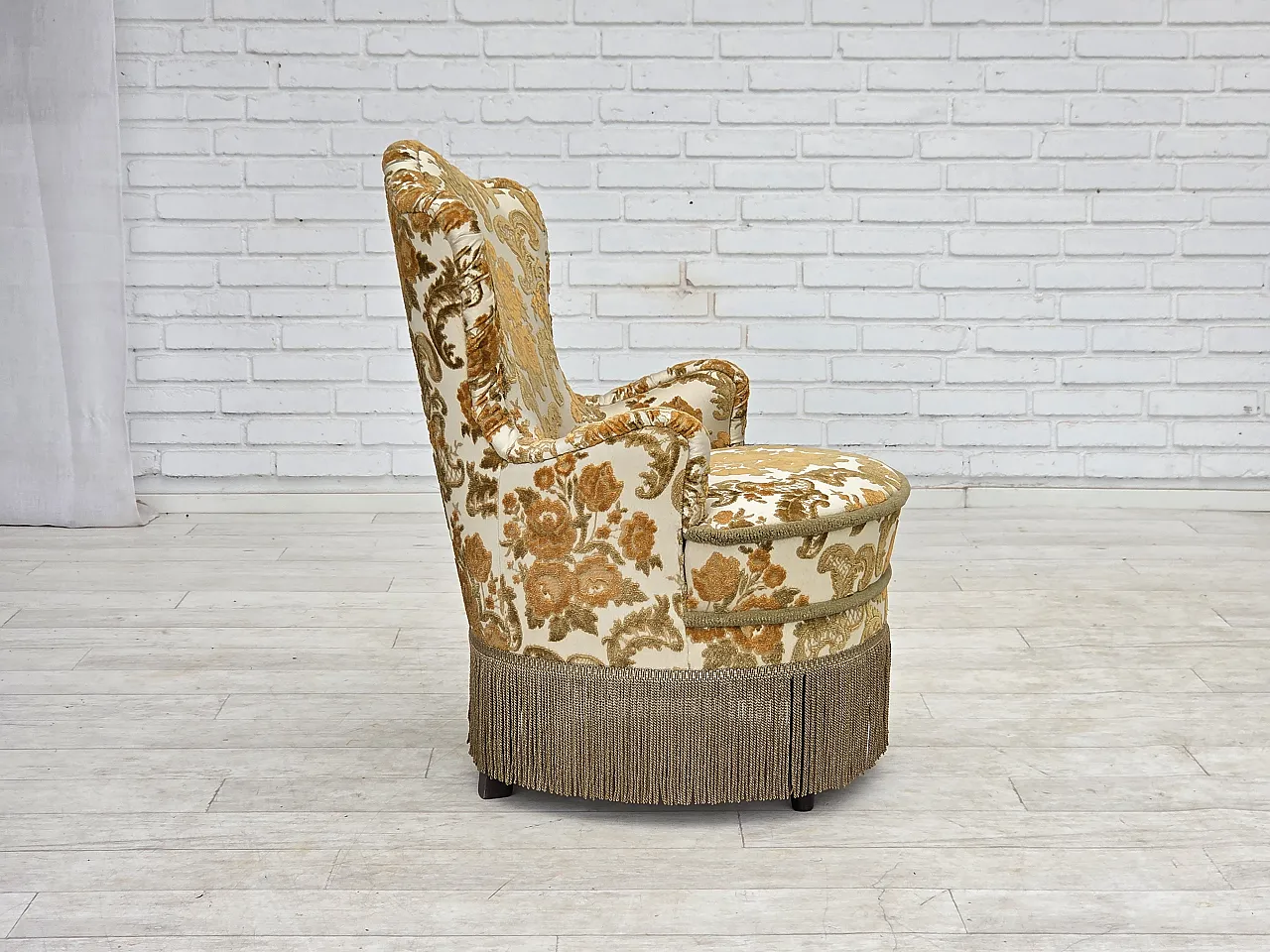 Anni '70, coppia di 2 poltroncine danesi, tessuto d'arredo marrone/beige. 11