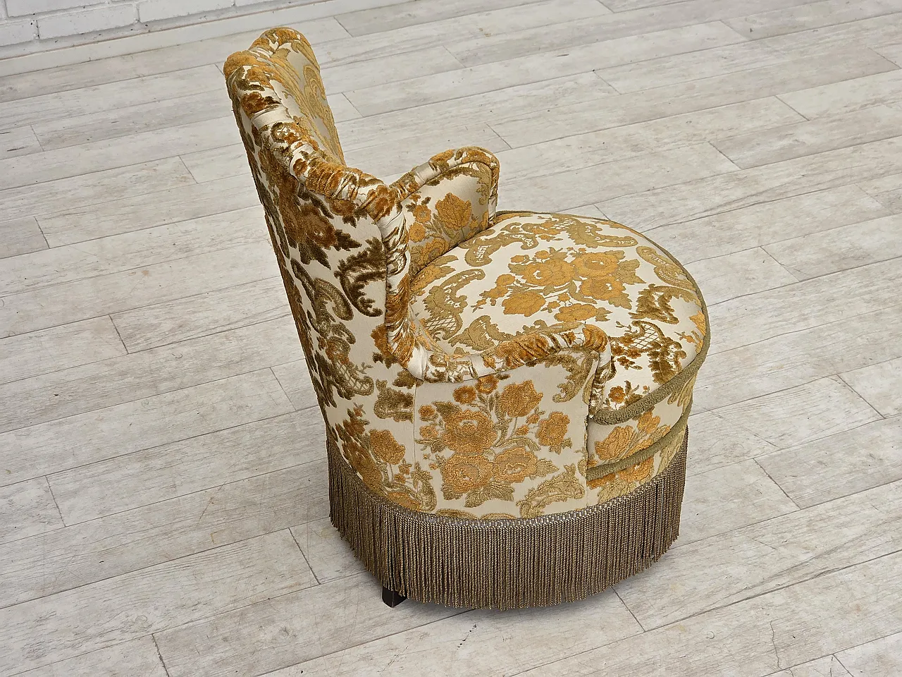 Anni '70, coppia di 2 poltroncine danesi, tessuto d'arredo marrone/beige. 12
