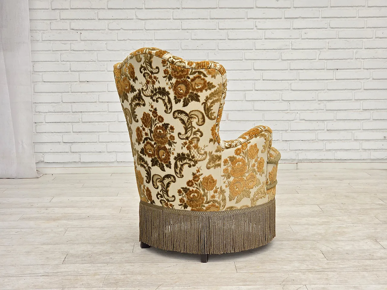 Anni '70, coppia di 2 poltroncine danesi, tessuto d'arredo marrone/beige. 13