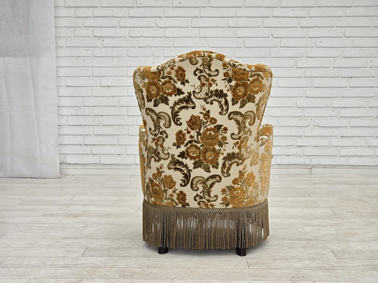 Anni '70, coppia di 2 poltroncine danesi, tessuto d'arredo marrone/beige. 14