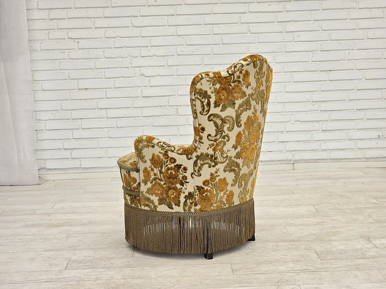 Anni '70, coppia di 2 poltroncine danesi, tessuto d'arredo marrone/beige. 15