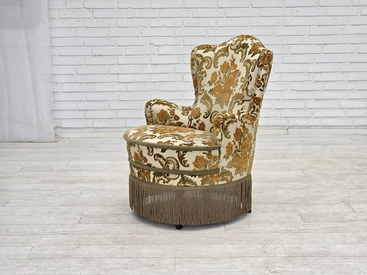 Anni '70, coppia di 2 poltroncine danesi, tessuto d'arredo marrone/beige. 16