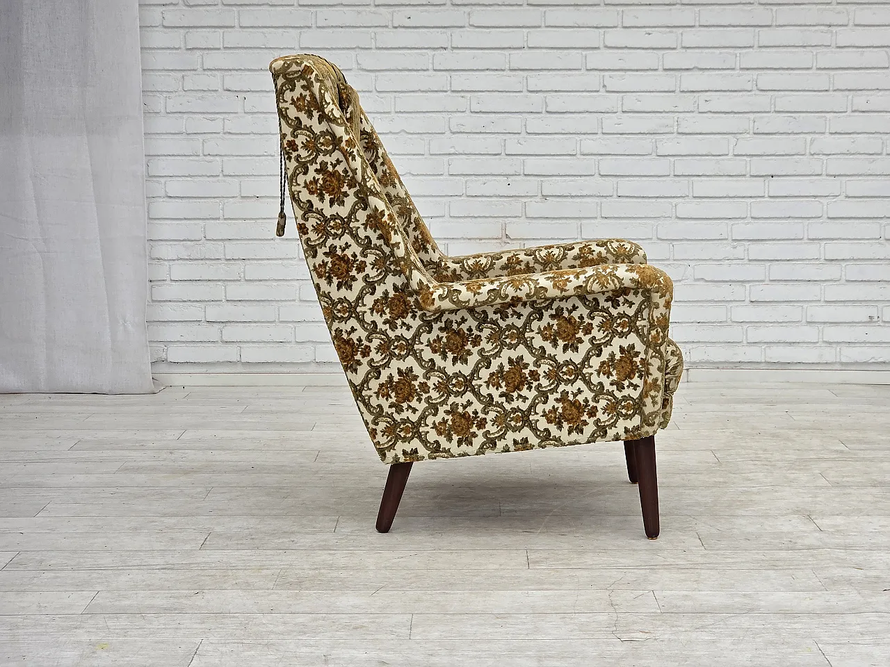 Anni '70, poltrona danese con schienale alto, tessuto per mobili, legno di teak. 8