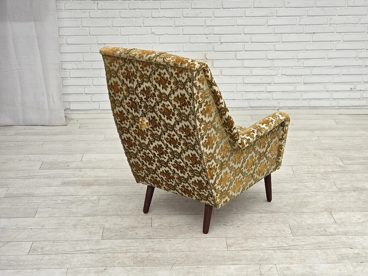 Anni '70, poltrona danese con schienale alto, tessuto per mobili, legno di teak. 9