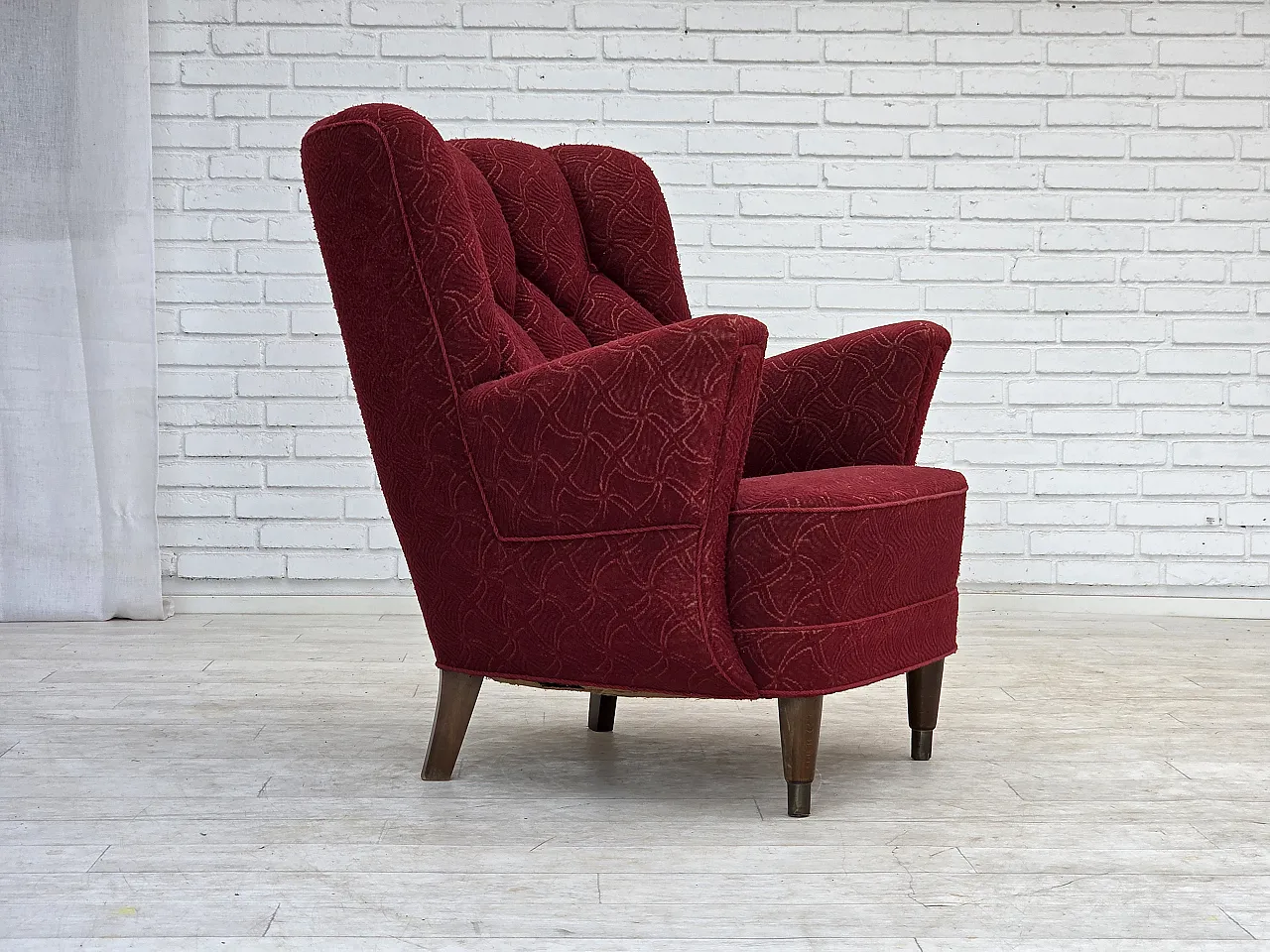Anni '60, poltrona danese, tessuto originale d'arredo rosso. 2