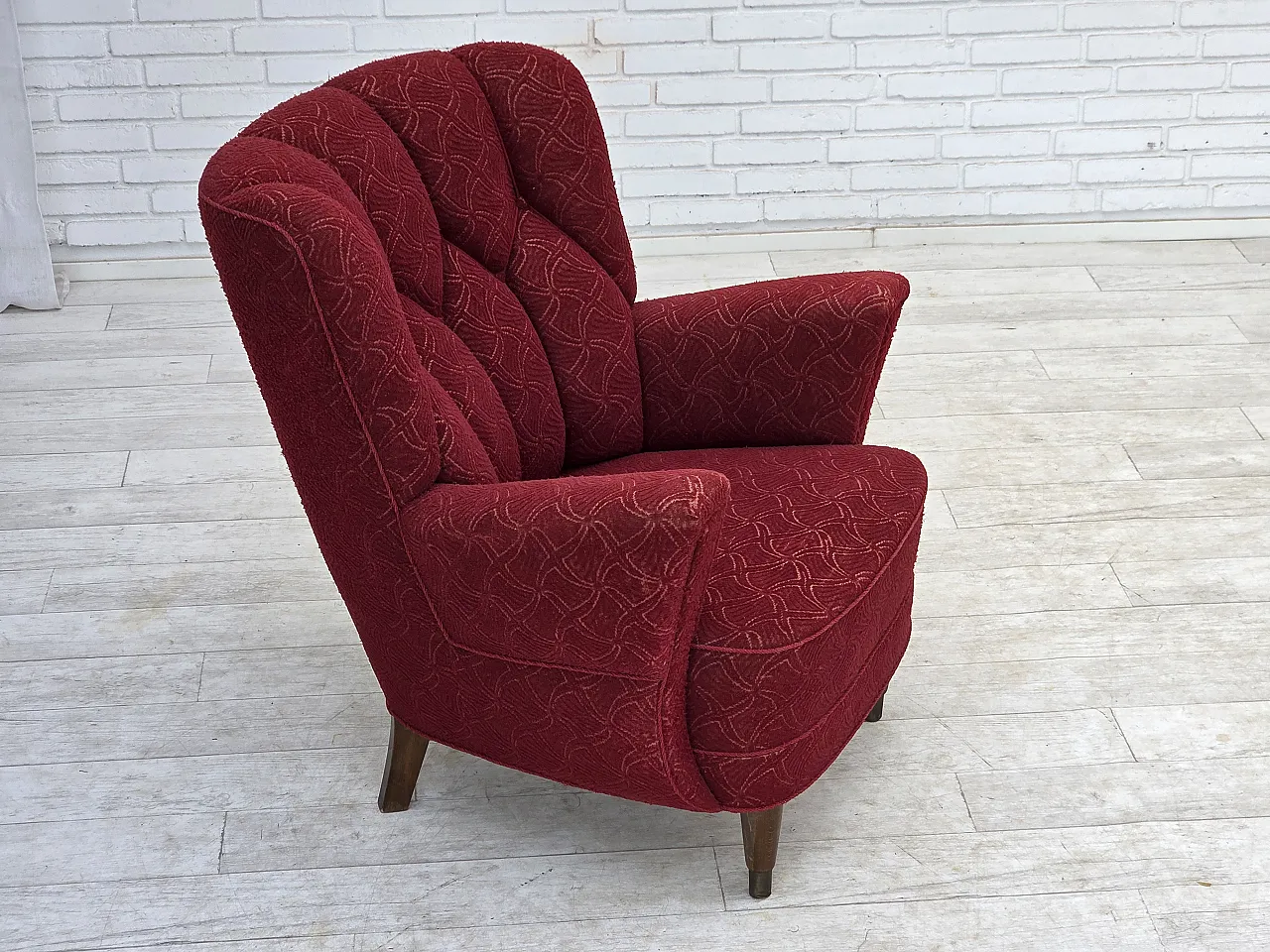 Anni '60, poltrona danese, tessuto originale d'arredo rosso. 7