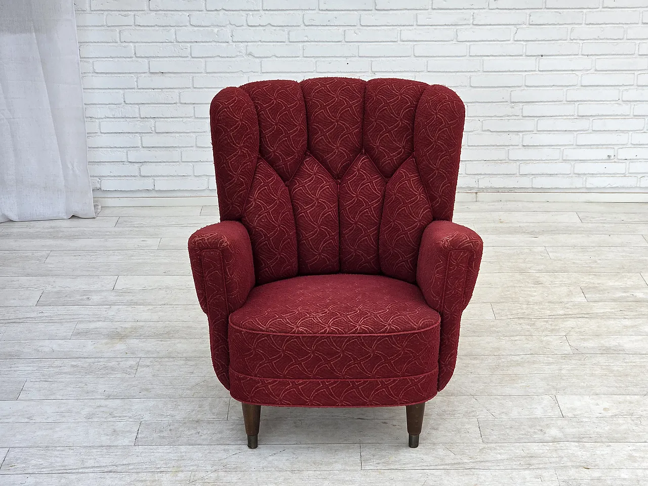 Anni '60, poltrona danese, tessuto originale d'arredo rosso. 8