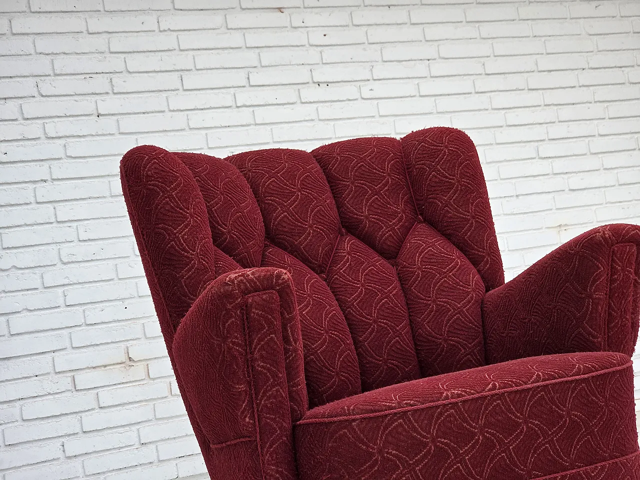 Anni '60, poltrona danese, tessuto originale d'arredo rosso. 9