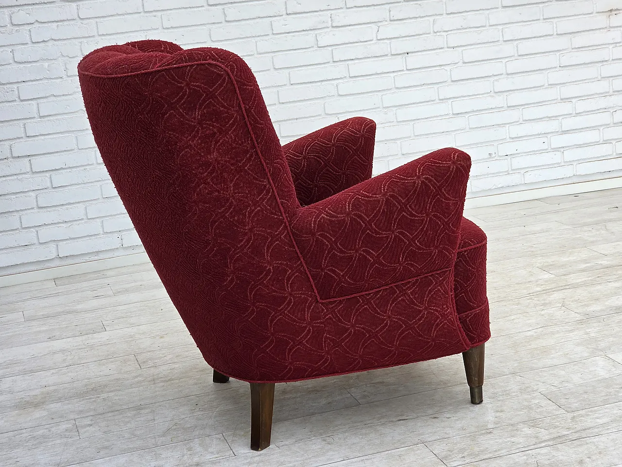 Anni '60, poltrona danese, tessuto originale d'arredo rosso. 11