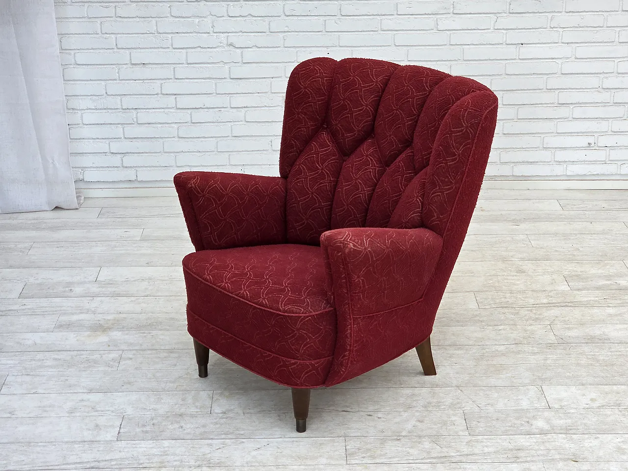 Anni '60, poltrona danese, tessuto originale d'arredo rosso. 16