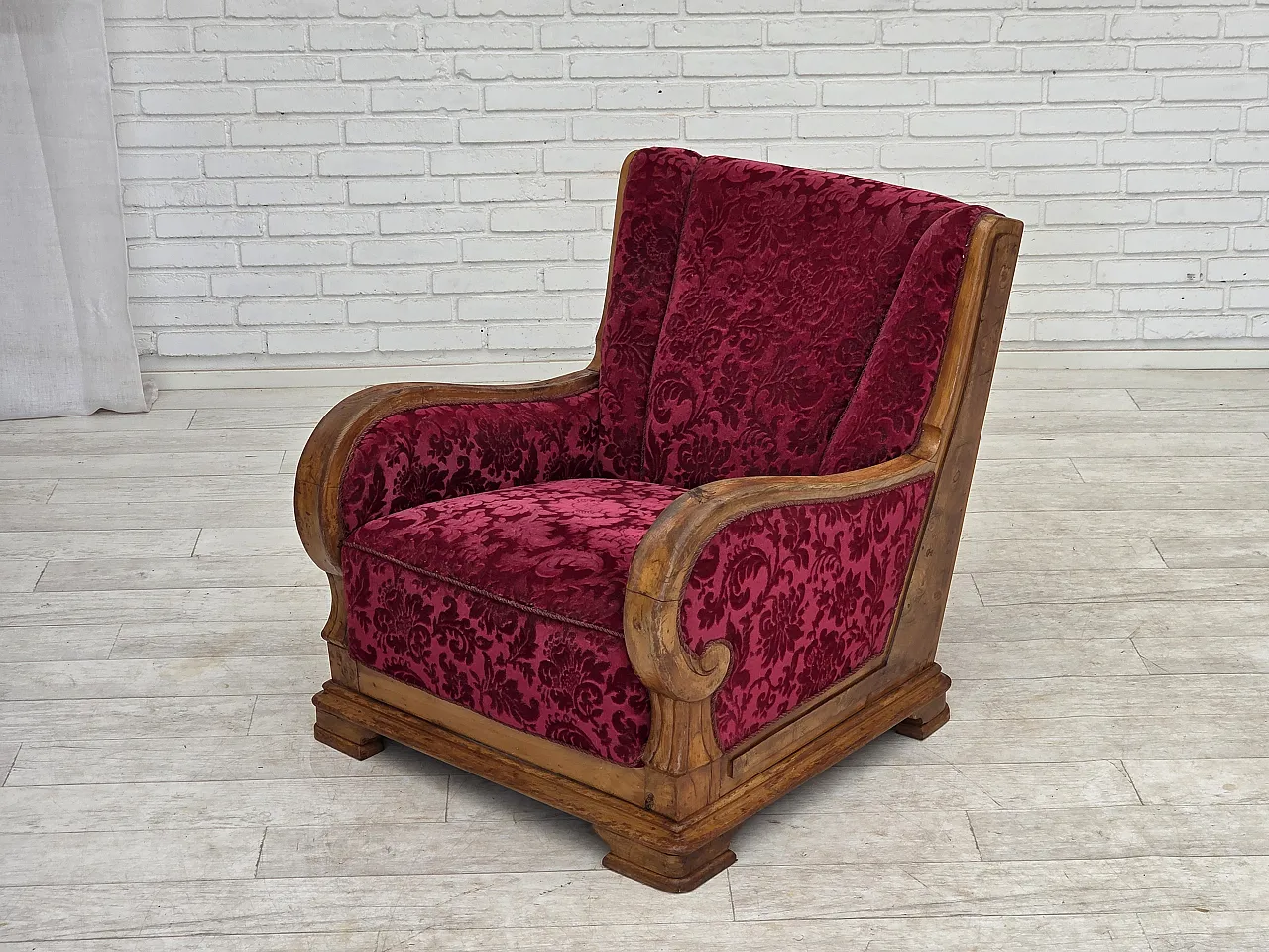 Anni '50, poltrona relax danese, velluto rosso, legno di quercia. 19