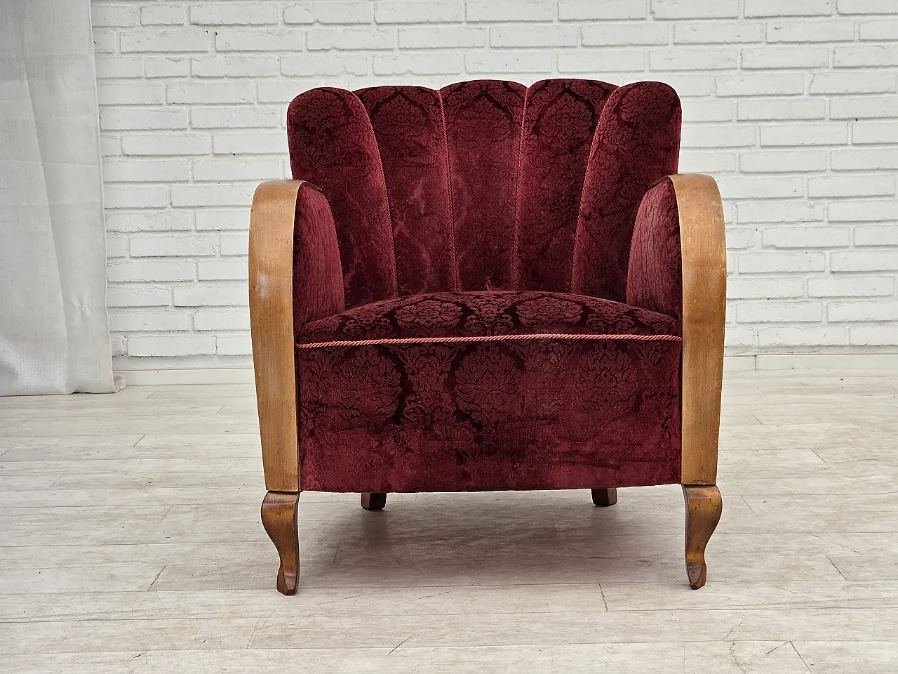 Anni '60, poltrona danese, mobili in velluto rosso ciliegia. 8