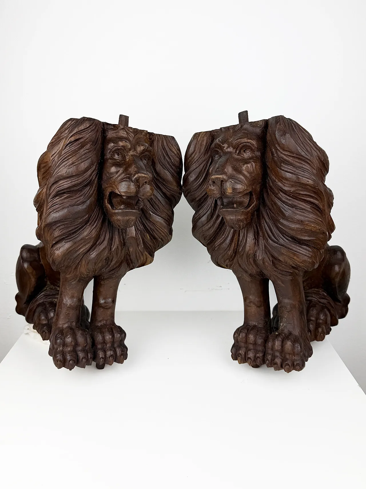 Pair of hand carved wooden lions, early 20th century 3