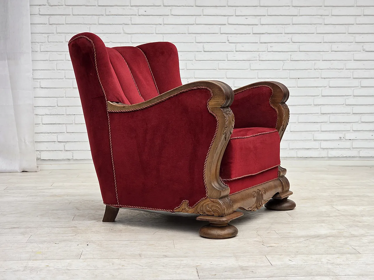 1950s, Danish relax armchair, furniture velour, carved oak wood. 1