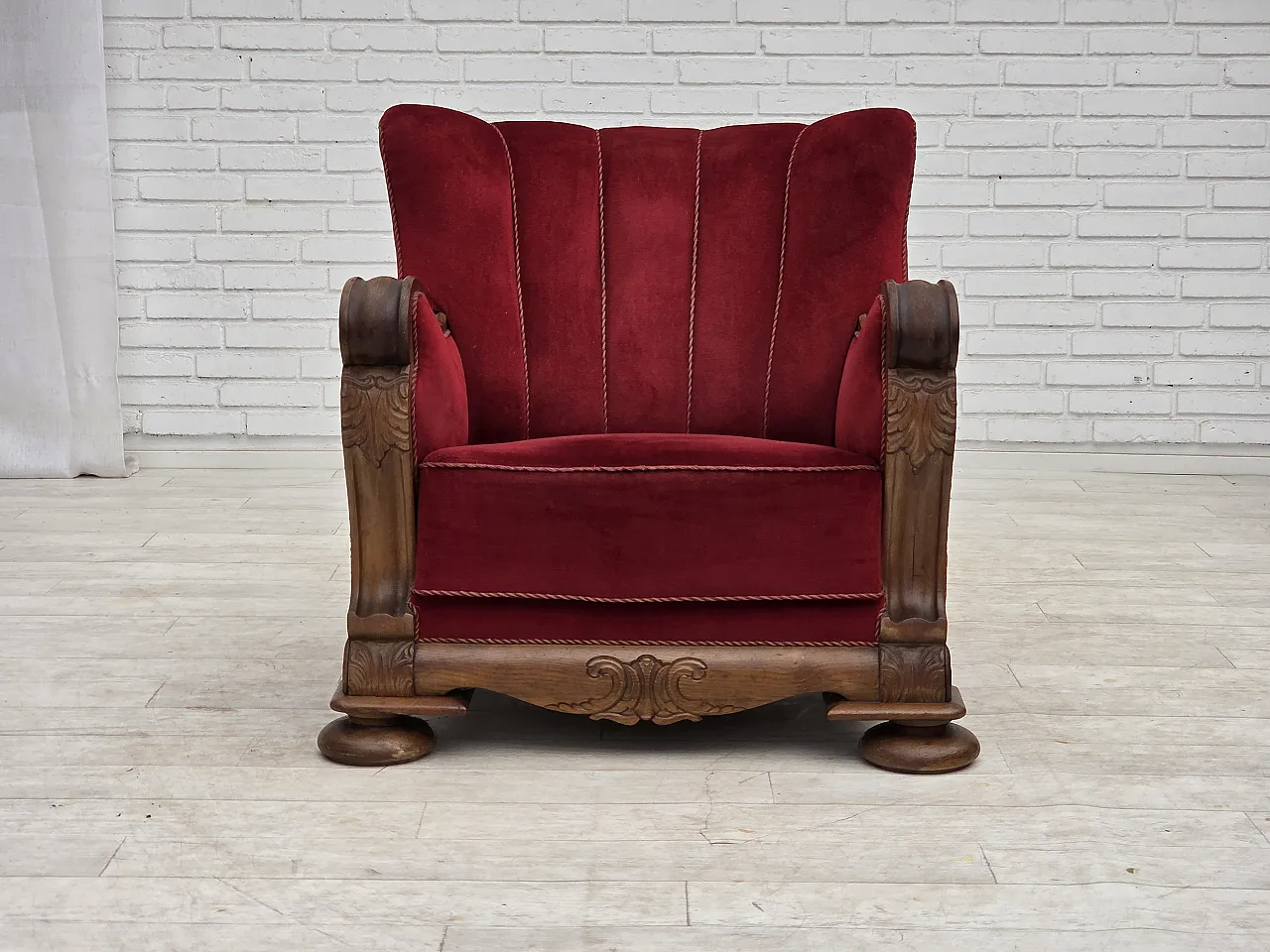 1950s, Danish relax armchair, furniture velour, carved oak wood. 2