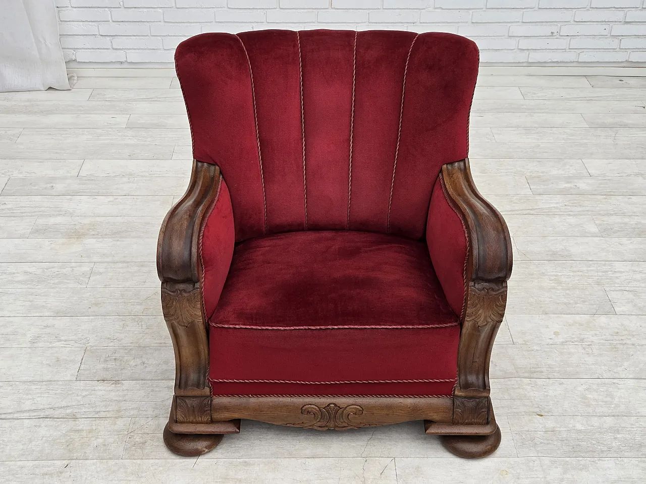 1950s, Danish relax armchair, furniture velour, carved oak wood. 3