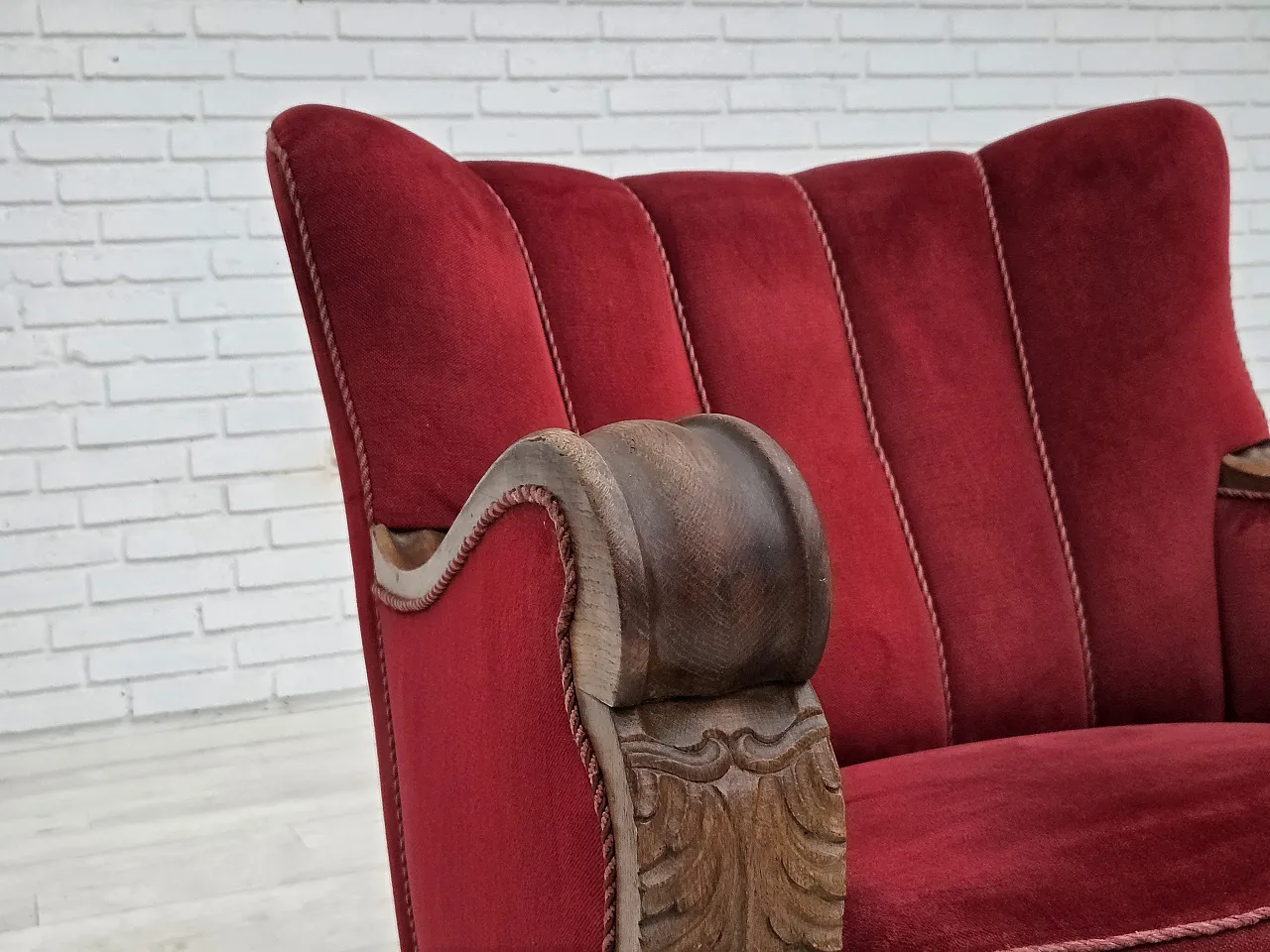 1950s, Danish relax armchair, furniture velour, carved oak wood. 4