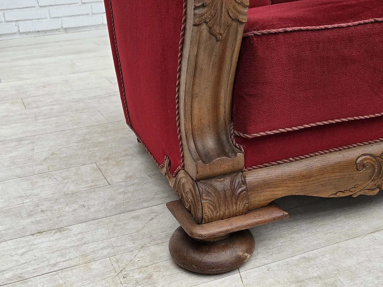 1950s, Danish relax armchair, furniture velour, carved oak wood. 5