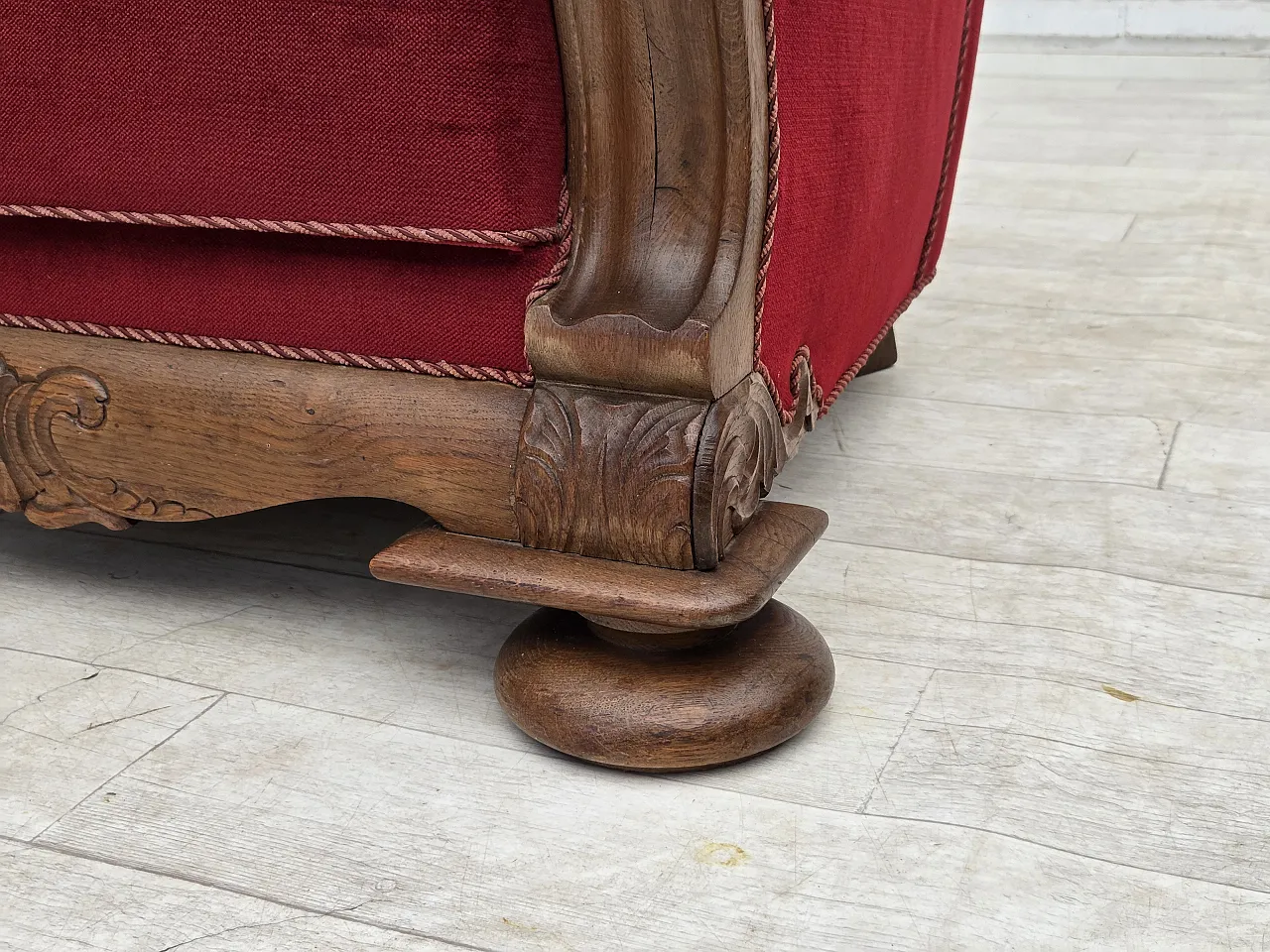 1950s, Danish relax armchair, furniture velour, carved oak wood. 6