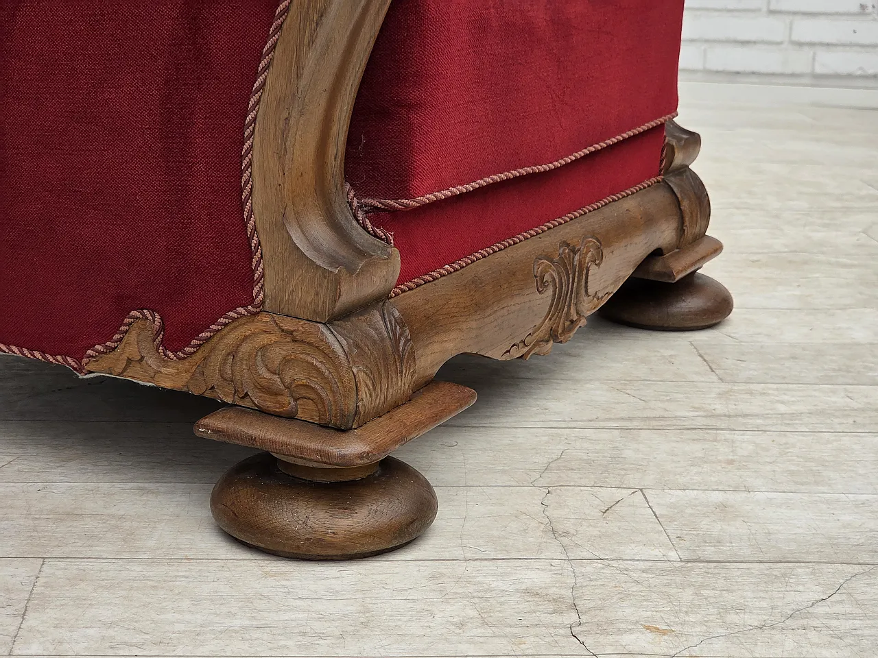 1950s, Danish relax armchair, furniture velour, carved oak wood. 8