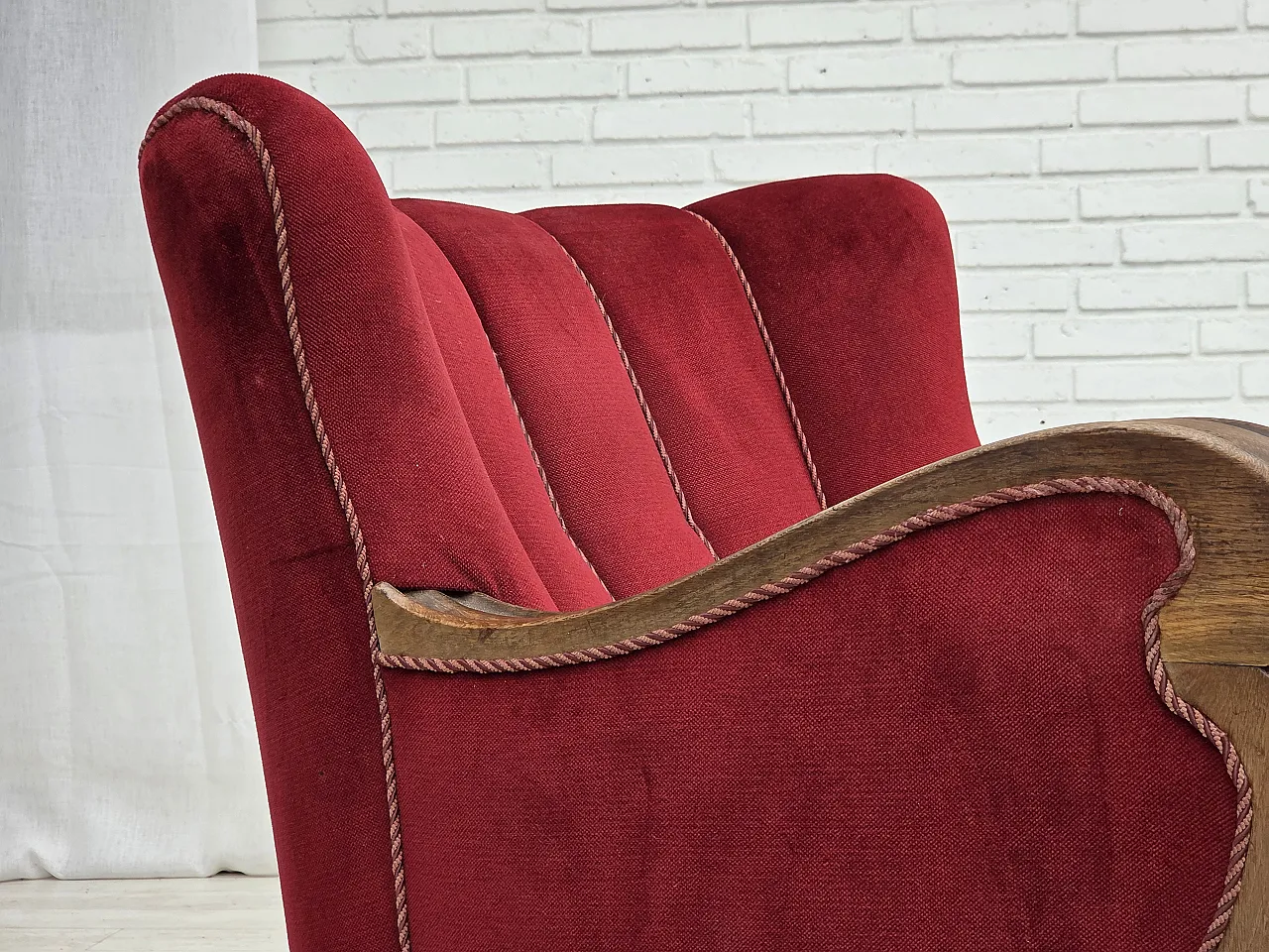 1950s, Danish relax armchair, furniture velour, carved oak wood. 9