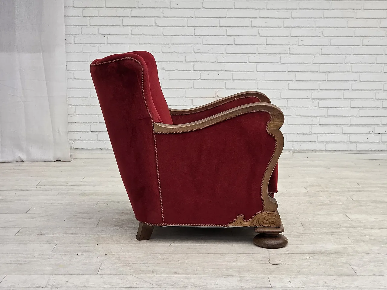 1950s, Danish relax armchair, furniture velour, carved oak wood. 10