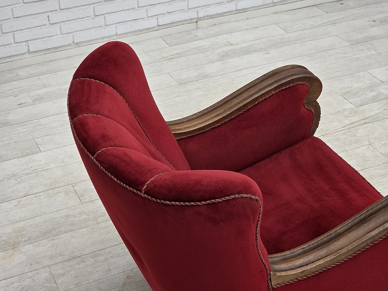 1950s, Danish relax armchair, furniture velour, carved oak wood. 11