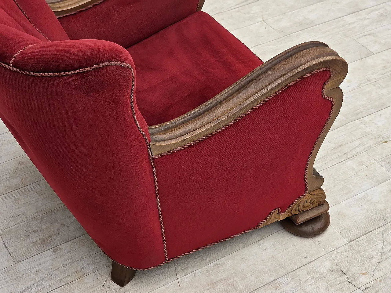 1950s, Danish relax armchair, furniture velour, carved oak wood. 12