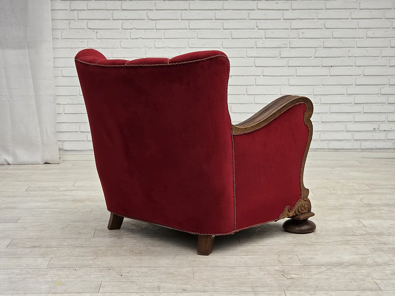 1950s, Danish relax armchair, furniture velour, carved oak wood. 13